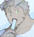  1boy absurdres animal_ears dog_ears face facial_hair food goatee gomeisa_(live_a_hero) green_eyes grey_hair hair_strand highres licking live_a_hero long_sideburns male_focus onyu_(onyu_25) popsicle short_hair sideburns solo thick_eyebrows tongue tongue_out upper_body 