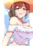  1girl :d bare_shoulders blue_sky blush braid breasts brown_eyes brown_hair e_sky_rugo earrings hat highres idolmaster idolmaster_shiny_colors jewelry kuwayama_chiyuki large_breasts looking_at_viewer off-shoulder_shirt off_shoulder open_mouth shirt single_eye sky smile solo sun_hat upper_body 