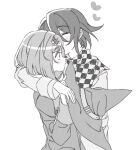  1boy 1girl arms_around_neck bangs blush blush_stickers checkered checkered_neckwear checkered_scarf closed_eyes commentary dangan_ronpa_(series) dangan_ronpa_v3:_killing_harmony from_side greyscale hair_between_eyes hat hat_removed headwear_removed heart hetero holding holding_clothes holding_hat jacket jingle_(mhb729) long_sleeves monochrome ouma_kokichi profile scarf shiny shiny_hair short_hair simple_background upper_body yumeno_himiko 