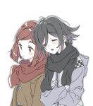  1boy 1girl alternate_costume black_hair black_scarf blush blush_stickers brown_hair brown_jacket checkered closed_eyes commentary crossed_arms dangan_ronpa_(series) dangan_ronpa_v3:_killing_harmony grey_jacket hair_ornament hairclip jacket jingle_(mhb729) leaning_on_person long_sleeves open_mouth ouma_kokichi red_scarf redhead scarf short_hair simple_background upper_body yumeno_himiko 