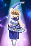  1girl blonde_hair blue_skirt dark_background deviantart_username duel_academy_uniform_(yu-gi-oh!_gx) duel_disk glowing happy holding_card long_hair sailor_collar shining shiny shirt sincity2100 sleeveless sleeveless_shirt spotlight stars tenjouin_asuka white_shirt yellow_eyes yu-gi-oh! yuu-gi-ou yuu-gi-ou_gx 