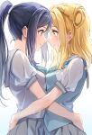 2girls blonde_hair blouse blue_neckwear breast_press closed_mouth eye_contact forehead-to-forehead from_side grey_sailor_collar grey_skirt hair_rings hand_on_another&#039;s_waist heads_together highres hug long_hair looking_at_another love_live! love_live!_sunshine!! matsubara_kanon multiple_girls noses_touching ohara_mari ponytail purple_hair sailor_collar school_uniform serafuku short_sleeves simple_background skirt smile symmetrical_docking violet_eyes white_background white_blouse yellow_eyes yuri zattape 