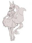  1girl animal_ear_fluff animal_ears commentary_request fox_ears fox_girl fox_tail from_behind full_body greyscale highres long_hair looking_away looking_to_the_side monochrome no_shoes original over-kneehighs pleated_skirt ponytail puffy_short_sleeves puffy_sleeves shirt short_sleeves simple_background skirt skirt_hold solo standing tail tail_raised thigh-highs very_long_hair white_background yuuji_(yukimimi) 