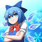  1girl bangs blue_background blue_bow blue_dress blue_eyes blue_hair bow bowtie cirno closed_mouth crossed_arms dress eyebrows_visible_through_hair gradient gradient_background hair_between_eyes hoshii_1213 ice ice_wings looking_to_the_side looking_up puffy_short_sleeves puffy_sleeves red_bow red_neckwear shirt short_hair short_sleeves smile snowflakes solo touhou white_background white_shirt wings 