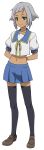  1girl arms_behind_back black_legwear blue_skirt breasts brown_footwear collarbone dark_skin full_body green_eyes highres looking_to_the_side miniskirt navel pleated_skirt sailor_collar school_uniform serafuku shirt short_hair short_sleeves sidelocks silver_hair simple_background skirt small_breasts smile socks sozty_exica standing thigh-highs third-party_edit toaru_majutsu_no_index white_background white_shirt zettai_ryouiki 