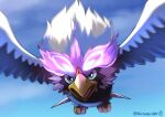  absurdres bird blurry clouds commentary_request day flying glowing highres hisuian_braviary hisuian_form no_humans open_mouth outdoors pokemon pokemon_(creature) sky solo tongue watagashikn 