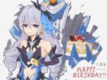  1girl armpits bangs bare_shoulders birthday_cake black_gloves breasts bronya_zaychik bronya_zaychik_(herrscher_of_reason) cake card closed_mouth drill_hair earrings food gloves grey_eyes grey_hair hair_between_eyes hair_ornament holding holding_card holding_plate honkai_(series) honkai_impact_3rd jewelry long_hair looking_at_viewer nanchuan navel plate project_bunny simple_background small_breasts solo twin_drills white_background 