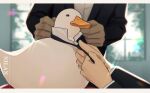  2boys animal artist_name bird black_jacket black_neckwear blurry blurry_background duck english_commentary head_out_of_frame highres jacket letterboxed long_sleeves multiple_boys necktie nilan_1999 original shirt solo_focus tying_tie white_shirt 