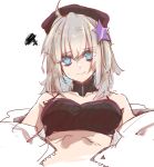  1girl aa-12_(girls_frontline) ahoge bare_shoulders blue_eyes bra closed_mouth e_sky_rugo girls_frontline grey_hair hair_ornament hat highres jacket looking_at_viewer simple_background sketch solo squiggle star_(symbol) star_hair_ornament underwear upper_body white_background 