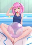  1girl ball bangs bare_legs barefoot beachball blue_swimsuit breasts eyebrows_visible_through_hair feet feet_together food full_body green_eyes highres hose looking_at_viewer one_side_up original pink_hair popsicle sasaame small_breasts solo spread_legs swimsuit wading_pool watermelon_bar 