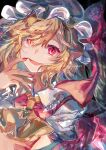  1girl artist_name ascot ayatsuki_sugure bangs blonde_hair bow collar crystal dress eyebrows_visible_through_hair eyes_visible_through_hair flandre_scarlet hair_between_eyes hand_up hat hat_bow highres jewelry looking_at_viewer mob_cap one_side_up open_mouth puffy_short_sleeves puffy_sleeves red_bow red_dress red_eyes red_nails shadow shirt short_hair short_sleeves smile solo touhou white_headwear white_shirt wings yellow_neckwear 