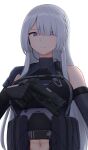  1girl abs absurdres ak-15_(girls_frontline) bangs bare_shoulders blunt_bangs breasts commentary detached_sleeves earpiece eyebrows_visible_through_hair girls_frontline glowing glowing_eyes gun hair_over_one_eye handgun highres long_hair looking_to_the_side medium_breasts midriff mp443 navel pistol pouch simple_background solo topgear trigger_discipline upper_body violet_eyes weapon white_background white_hair 