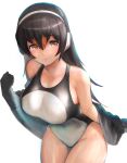  1girl alternate_breast_size bangs black_hair breasts brown_eyes collarbone competition_swimsuit cowboy_shot gentoo_penguin_(kemono_friends) groin hair_between_eyes headphones highres huge_breasts jacket kemono_friends leaning_forward long_hair long_sleeves multicolored_hair one-piece_swimsuit open_clothes open_jacket redhead shibori_kasu smile solo swimsuit twisted_torso two-tone_hair wet wet_clothes wet_face wet_swimsuit 