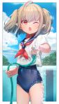 1girl ahoge blue_swimsuit blush border chain-link_fence clouds collar empty_pool eyebrows_visible_through_hair fence grey_hair highres holding holding_hose hose looking_at_viewer makaino_ririmu medium_hair multicolored_hair neckerchief nijisanji one-piece_swimsuit one_eye_closed open_mouth outdoors pointy_ears pool red_collar red_eyes red_neckwear redhead sabamen sailor_collar see-through shirt short_sleeves sky solo spraying swimsuit swimsuit_under_clothes tree twintails two-tone_hair virtual_youtuber water wet wet_clothes wet_shirt white_border white_shirt 