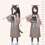  1girl aina_(mao_lian) animal_ear_fluff animal_ears black_sweater blue_eyes blue_footwear brown_hair capelet cat_ears cat_tail closed_mouth grey_capelet grey_skirt height_chart highres long_hair long_skirt looking_at_viewer mao_lian_(nekokao) multiple_views navel original pigeon-toed ribbed_sweater shoes skirt sleeveless sleeveless_sweater smile standing sweater tail 