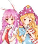  2girls bangs blonde_hair clownpiece long_hair multiple_girls pink_hair reisen_udongein_inaba simple_background touhou upper_body white_background zhi_xixi 