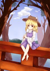  1girl bangs barefoot blonde_hair blue_sky breasts brown_eyes brown_headwear closed_mouth clouds cloudy_sky dress eyebrows_visible_through_hair gohei hands_up hat lake long_sleeves looking_at_viewer medium_breasts moriya_suwako mountain purple_dress shirt short_hair sitting sky solo torii touhou tree water white_shirt wide_sleeves yellow_eyes zhi_xixi 