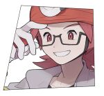  1boy black-framed_eyewear black_shirt border commentary_request glasses gloves grey_jacket grin gym_leader helmet holding holding_poke_ball jacket male_focus mimura_(nnnnnnnnmoo) poke_ball poke_ball_(basic) pokemon pokemon_(game) pokemon_dppt red_eyes red_headwear redhead roark_(pokemon) shirt smile solo teeth upper_body white_border white_gloves 