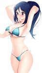  1girl absurdres bikini blue_hair blush breasts cowboy_shot eyebrows_visible_through_hair finger_between_breasts green_bikini highres large_breasts loggi long_hair love_live! love_live!_sunshine!! matsuura_kanan open_mouth ponytail sidelocks swimsuit teeth violet_eyes white_background 