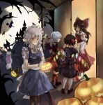  5girls absurdres alternate_costume bare_tree bat bat_wings black_legwear black_skirt blonde_hair bow broom broom_riding brown_footwear brown_hair collared_shirt eyebrows_visible_through_hair flandre_scarlet food from_behind full_moon gloves hair_bow hair_tubes hakurei_reimu halloween hat height_difference highres holding holding_food holding_pumpkin holding_vegetable izayoi_sakuya light_blue_hair long_hair maid maid_headdress mob_cap moon multiple_girls neck_ribbon no_shoes open_mouth patchouli_knowledge puffy_short_sleeves puffy_sleeves pumpkin purple_hair red_bow red_legwear red_neckwear red_ribbon remilia_scarlet ribbon ribbon-trimmed_skirt ribbon_trim sanana_e shirt short_sleeves siblings silver_hair sisters skirt standing touhou tree vegetable white_gloves white_legwear wings 
