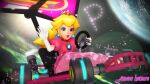  1girl 3d aircraft artist_name blonde_hair commentary crown dress earrings elbow_gloves english_commentary glider gloves go_kart highres jewelry long_hair looking_at_viewer super_mario_bros. mario_kart mikumikudance parted_lips pink_dress princess_peach puffy_short_sleeves puffy_sleeves short_sleeves smile solo space waving white_gloves 