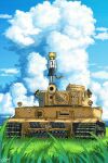  1girl animal_ears blonde_hair blue_sky caterpillar_tracks clouds grass green_eyes ground_vehicle hans_(pixiv_37537768) highres meadow military military_vehicle motor_vehicle original scenery short_hair signature skirt sky solo tail tank tiger_ears tiger_girl tiger_i tiger_tail 