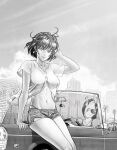  1girl 2girls breasts character_request closed_mouth commentary day driving english_commentary eyewear_on_head fingernails fubuki_(one-punch_man) hand_up highleg highleg_panties highres large_breasts leaning_back looking_at_viewer multiple_girls navel one-punch_man outdoors panties see-through_silhouette shirt short_hair short_shorts short_sleeves shorts smile solo solo_focus stomach sunglasses toned toothpick underwear y_naf 