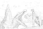  1girl animal boots commentary dinosaur english_commentary feeding fish greyscale holding holding_animal holding_fish jumpsuit monochrome open_mouth original pier smile spinosaurus standing y_naf 