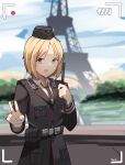  1girl :d absurdres artist_name black_headwear black_jacket black_neckwear blonde_hair blurry blurry_background brown_eyes collared_shirt commentary day depth_of_field eiffel_tower english_commentary gar32 garrison_cap girls_frontline hat highres historical_connection iron_cross jacket long_sleeves looking_at_viewer military military_hat military_uniform mini_hat mp40_(girls_frontline) necktie open_mouth outdoors paris photo_(medium) river shirt short_hair signature smile solo taking_picture uniform v viewfinder water wehrmacht white_shirt 