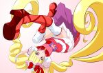  1girl absurdly_long_hair arms_up bangs blonde_hair blunt_bangs boots bow cure_macherie eyelashes floating_hair frilled_boots frills fuchi_(nightmare) gloves gradient gradient_background hair_bow high_heel_boots high_heels hugtto!_precure knee_boots layered_skirt long_hair looking_at_viewer miniskirt open_mouth pink_background precure red_bow red_eyes red_footwear short_sleeves skirt solo thigh-highs very_long_hair white_background white_gloves white_legwear white_sleeves zettai_ryouiki 