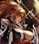  1girl armband baiken breasts cloak eyepatch facial_mark guilty_gear guilty_gear_xrd highres holding holding_sword holding_weapon jako_(toyprn) japanese_clothes large_breasts long_hair open_mouth pink_eyes pink_hair plunging_neckline ponytail sheath sheathed solo sword upper_body weapon 