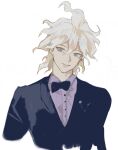  1boy alternate_costume black_jacket black_neckwear blonde_hair blue_eyes bow bowtie collared_shirt cropped_arms cropped_torso dangan_ronpa_(series) dangan_ronpa_2:_goodbye_despair dress_shirt formal grey_eyes highres jacket komaeda_nagito looking_at_viewer male_focus medium_hair messy_hair shirt simple_background smile solo upper_body white_background white_shirt zhileng_kong_tiao 