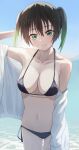  1girl absurdres aftamc arm_behind_head bangs bikini black_bikini black_hair breasts closed_mouth collarbone colored_tips cowboy_shot gradient_hair green_eyes green_hair hair_between_eyes highres jacket looking_at_viewer love_live! love_live!_nijigasaki_high_school_idol_club medium_breasts medium_hair multicolored_hair ocean off_shoulder short_twintails smile solo swimsuit takasaki_yuu twintails two-tone_hair water white_jacket 