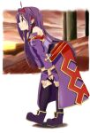  1girl ahoge armor bangs bare_shoulders bent_over boots breastplate detached_sleeves eyebrows_visible_through_hair fingerless_gloves from_side gloves hairband hands_on_own_knees long_hair pointy_ears pupupu_(usamisenpai) purple_hair red_hairband solo standing sword_art_online thigh-highs thigh_boots very_long_hair yuuki_(sao) 