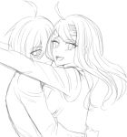 1boy 1girl :d ahoge akamatsu_kaede bangs blush breasts commentary_request dangan_ronpa_(series) dangan_ronpa_v3:_killing_harmony eyebrows_visible_through_hair from_side greyscale hair_ornament hetero hug large_breasts lineart long_hair long_sleeves looking_at_another looking_at_viewer monochrome musical_note_hair_ornament open_mouth saihara_shuuichi simple_background sketch smile upper_body vest white_background xuni_guodu_(calrxaqp) 