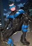  1boy batman_(series) black_bodysuit black_hair bodysuit boots closed_mouth dc_comics highres holding holding_weapon male_focus maorenc mask night night_sky nightwing outdoors sky smile solo spiky_hair toned toned_male weapon 