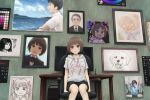  animal black_hair bob_cut brown_eyes brown_hair chair commentary computer dog formal glasses office_chair old old_woman original painting_(object) portrait_(object) short_hair short_shorts shorts sitting suit twintails user_interface yajirushi_(chanoma) 