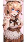  1girl :3 blue_eyes bow braid brown_hair checkerboard_cookie commentary cookie dano dress english_commentary fnc_(girls_frontline) food girls_frontline girls_frontline_neural_cloud hair_between_eyes hair_ornament hat highres long_hair looking_at_viewer mouth_hold pinky_out short_sleeves sidelocks solo 