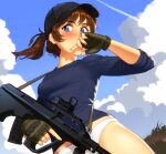 1girl assault_rifle baseball_cap black_headwear blue_eyes blue_sweater blush breasts brooke_(mathias_leth) brown_hair bullpup english_commentary fingerless_gloves folded_ponytail freckles gloves green_gloves gun hat holding holding_gun holding_weapon mathias_leth medium_hair no_pants original outdoors panties reward_available rifle short_ponytail sleeves_pushed_up small_breasts solo steyr_aug sweater trigger_discipline underwear updo weapon white_panties 