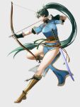  1girl aiming archery blue_dress boots bow_(weapon) breasts brown_footwear closed_mouth delsaber dress earrings fingerless_gloves fire_emblem fire_emblem:_the_blazing_blade floating_hair from_side full_body gloves green_eyes green_hair grey_background hair_tie highres holding holding_bow_(weapon) holding_weapon jewelry knee_boots long_hair lyn_(fire_emblem) mani_katti_(fire_emblem) pelvic_curtain ponytail profile rope_belt sash side_slit simple_background solo spread_legs sword tassel very_long_hair weapon 