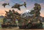  6+others absurdres aircraft armored_vehicle caterpillar_tracks clouds commentary_request evening ground_vehicle gun hat helicopter highres holding holding_weapon kidou_keisatsu_patlabor machine_gun mecha mikeran_(mikelan) military military_uniform military_vehicle motor_vehicle mount_fuji mountain multiple_others sky tank type_74 uniform walker weapon 