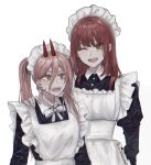  2girls alternate_costume alternate_hairstyle apron bangs buttons chainsaw_man collared_dress crosshair_eyes enmaided frills hair_between_eyes hair_down hand_on_shoulder highres long_hair maid maid_apron maid_headdress makima_(chainsaw_man) medium_hair multiple_girls one_eye_closed open_mouth pink_hair power_(chainsaw_man) red_eyes redhead ribbon ringed_eyes sharp_teeth sidelocks simple_background smile sweat teeth tied_hair twintails upper_body user_umwm5343 white_background white_ribbon yellow_eyes 