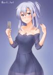  1girl alternate_costume anti_(untea9) blue_background blue_dress champagne_flute collarbone commentary_request commission cup dress drinking_glass gradient gradient_background grey_eyes highres kantai_collection long_hair looking_at_viewer off-shoulder_dress off_shoulder one-hour_drawing_challenge one_side_up silver_hair smile solo suzutsuki_(kancolle) twitter_username 
