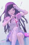  1girl :o absurdres apron arm_up bandaged_arm bandaged_leg bandages bandaid bandaid_on_knee bangs blood blood_bag blue_skirt breasts commentary dangan_ronpa_(series) dangan_ronpa_2:_goodbye_despair dress_shirt feet_out_of_frame hand_up highres long_hair medium_breasts mole mole_under_eye nurse open_mouth pill pill_bottle puffy_short_sleeves puffy_sleeves purple_hair shirt short_sleeves sitting skirt solo syringe tears tsumiki_mikan unmyeong upper_teeth white_apron 