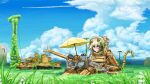  1boy 1girl animal_ears black_hair blonde_hair brown_eyes caterpillar_tracks clouds day fang flower grass green_eyes ground_vehicle hans_(pixiv_37537768) highres meadow mecha_musume military military_vehicle motor_vehicle original personification ruins scenery shirt short_hair shorts shovel sky tail tank tiger_ears tiger_i tiger_tail umbrella utility_pole 