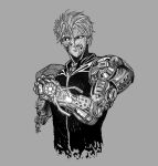  1boy android artificial_eye broken_arm genos grey_background looking_at_viewer male_focus mechanical_eye mechanical_parts one-punch_man short_hair simple_background solo upper_body vest y_naf 
