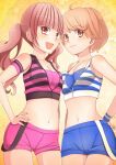  2girls blue_shorts breasts light_brown_eyes light_brown_hair long_hair looking_at_viewer medium_breasts midriff mikeseneko multiple_girls nail_polish navel original pink_eyes pink_hair pink_shorts short_shorts shorts smile twintails 