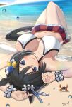  1girl animal animal_ears artist_name bare_arms bare_legs bare_shoulders barefoot beach bikini black_hair blue_eyes blush breasts crab day eishin_flash_(umamusume) eyebrows_visible_through_hair hair_between_eyes highres horse_ears horse_tail large_breasts looking_at_viewer m.a.y. navel ocean open_mouth short_hair signature solo swimsuit tail umamusume upside-down white_bikini 