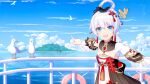  1girl :d bangs bird blue_eyes blue_sky boat breasts chinese_clothes clouds cloudy_sky hair_between_eyes hair_ornament highres honkai_(series) honkai_impact_3rd index_finger_raised island liumang_tu_shua_p_zhan looking_at_viewer ocean open_mouth outdoors pointing seagull sky sleeveless small_breasts smile solo theresa_apocalypse theresa_apocalypse_(starlit_astrologos) watercraft white_hair zhuge_kongming_(honkai_impact) 