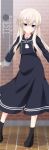  1girl adapted_costume alternate_costume artist_name black_dress black_footwear black_neckwear black_sailor_collar black_shirt blonde_hair blue_eyes blurry brick_wall character_name commentary_request depth_of_field dress expressionless full_body highres inaba_shiki kantai_collection loafers long_dress long_hair looking_at_viewer neckerchief one-hour_drawing_challenge outstretched_arms sailor_collar sailor_dress shirt shoes solo standing u-511_(kancolle) 